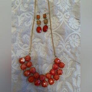 Gold beaded Dangle Earrings and Gold and Coral beaded adjusting length necklace